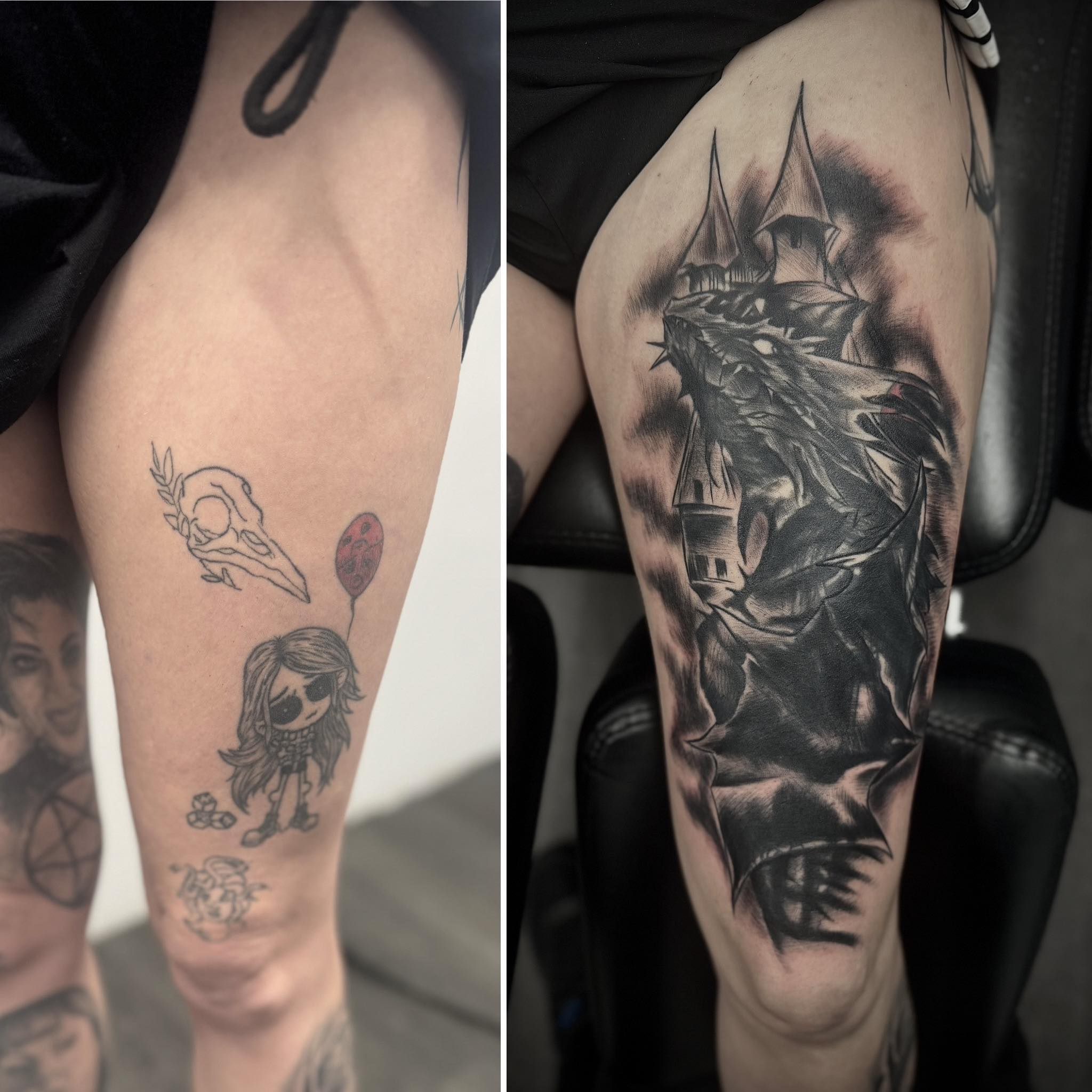 Before and after cover-up — dragon and castle over old tattoo on thigh